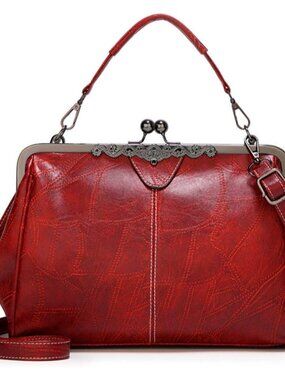Women Retro Hollow Oil Wax PU Leather Handbag Kiss Lock Crossbody Purse Vintage